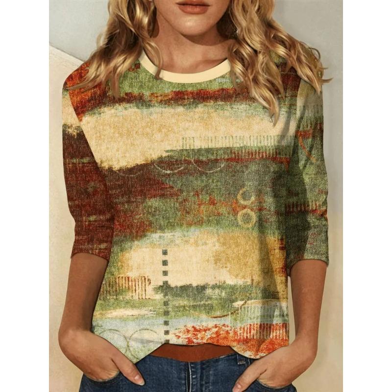 Summer Women's 3D Printed Crew Neck Long Sleeve T-Shirt Fashion Versatile Trend Breathable Casual