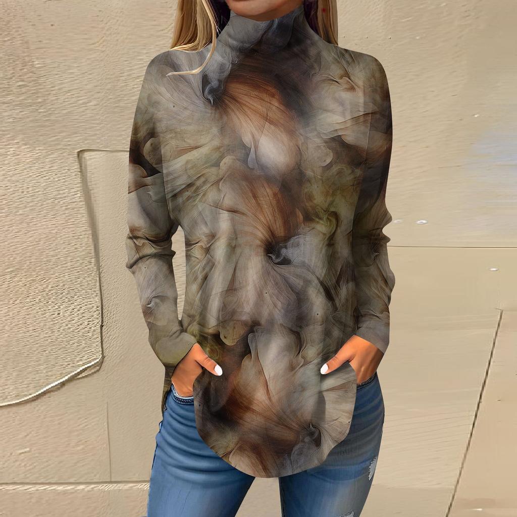 Женская модная повседневная футболка с длинным рукавом с высоким воротом и принтом, пуловер, топ