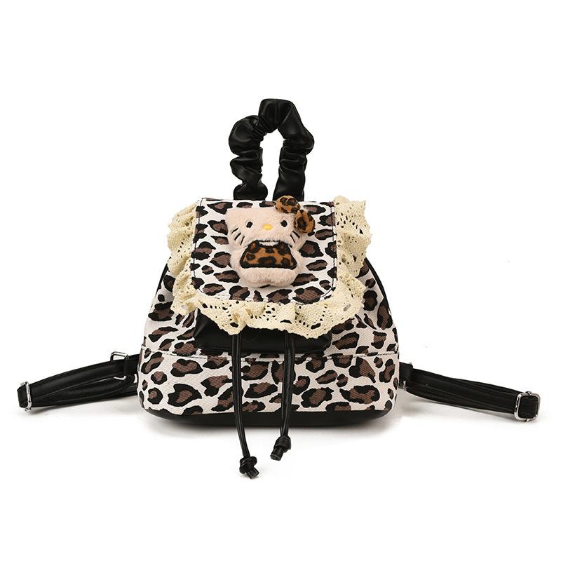 Girls Backpack Retro Leopard Print Boys And Girls Small Schoolbag Sweet Lace Cute Kitten Children'S Backpack
