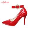 Aphixta Luxury Pearl Metal Belt Buckle 10cm Stiletto Heels Pumps Women Banquet Shoes Strap Pimp Pointed Toe Size 35-50