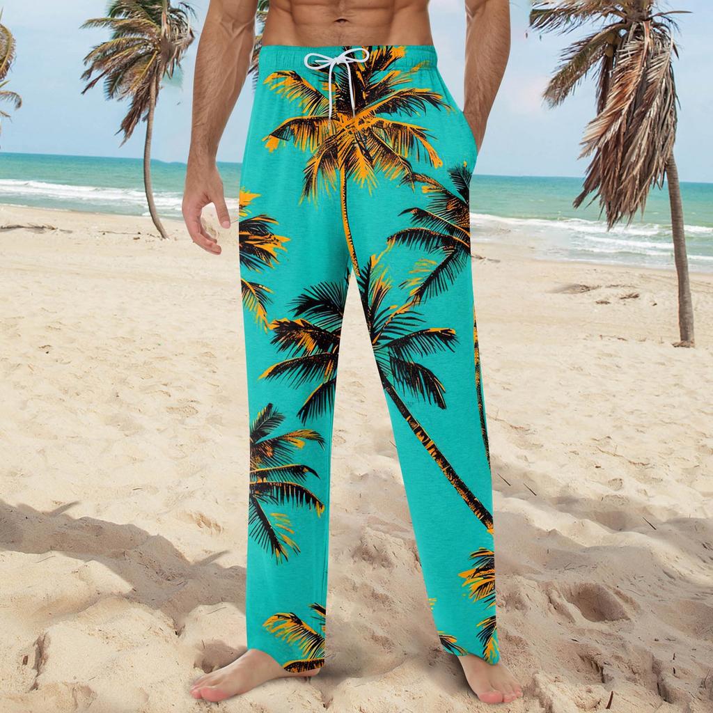 Мужские мягкие домашние пижамные штаны с гавайским принтом, повседневные спортивные штаны с завязками