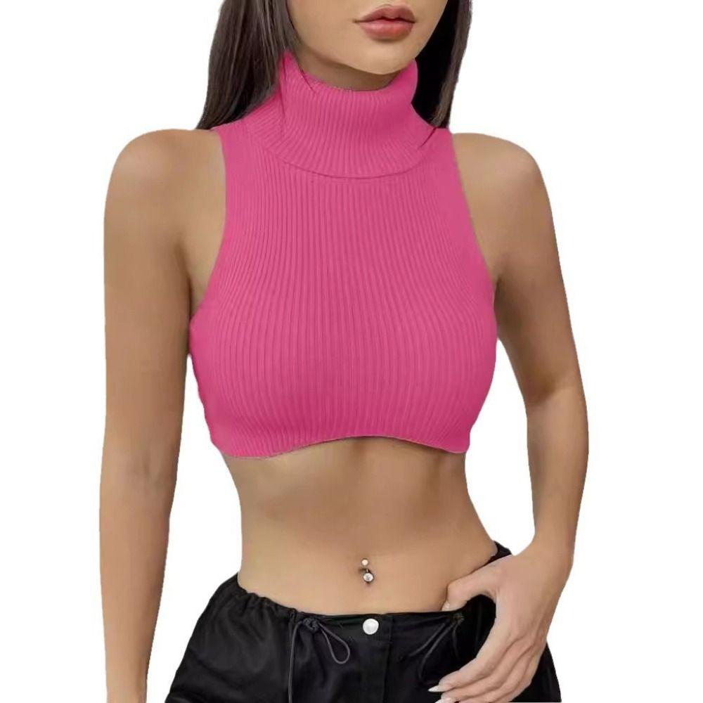 Solid Color Sleeveless Corset Knit Fabric Turtleneck Crop Top New Sexy Slim Vest Casual Wear