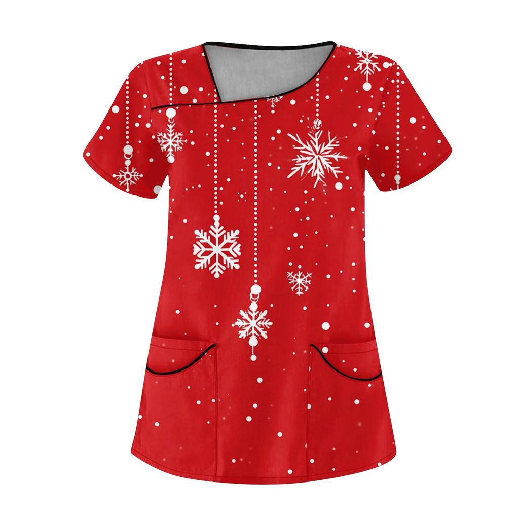Женская рабочая одежда с рождественским принтом, покатый воротник и двухслойные карманы, базовый пуловер сверху
