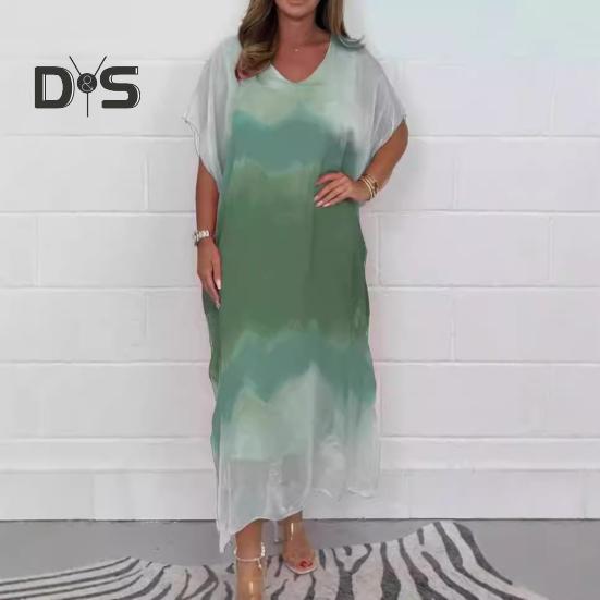 Женское шифоновое макси-платье с градиентным принтом и V-образным вырезом, с коротким рукавом, длинное платье, повседневный свободный пляжный сарафан для летнего отдыха