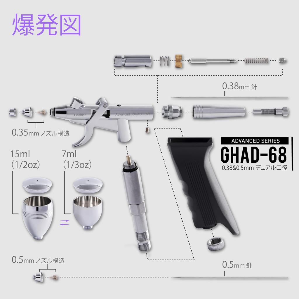 Аэрограф двойного действия Gaahleri – Серия Advanced GHAD-68 (Самоцентрирующееся вставное сопло / 0,38 и 0,5 мм)