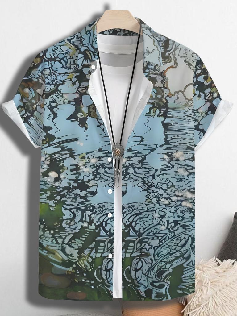 Men's Nautical Marine Full-Body Wave & Seaweed Print Short-Sleeve Button- Shirt - Loose Fit Casual Beachwear, Summer Boating & Yachting Attire,