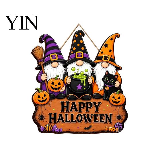 Decorative Wood Board Halloween Wooden Hanging Sign, Happy Door Sign with Gnomes/Ghosts, Retro Ornament for Shop Autumn Harvest Festival Wall