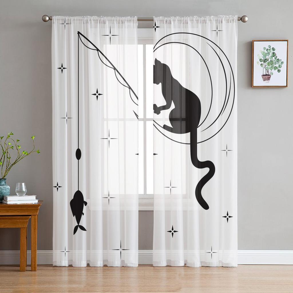 Cartoon Animal Cat Sheer Voile Curtains for Living Room Bedroom Printed Tulle Window Curtain Luxury Home Balcony Decor Drapes