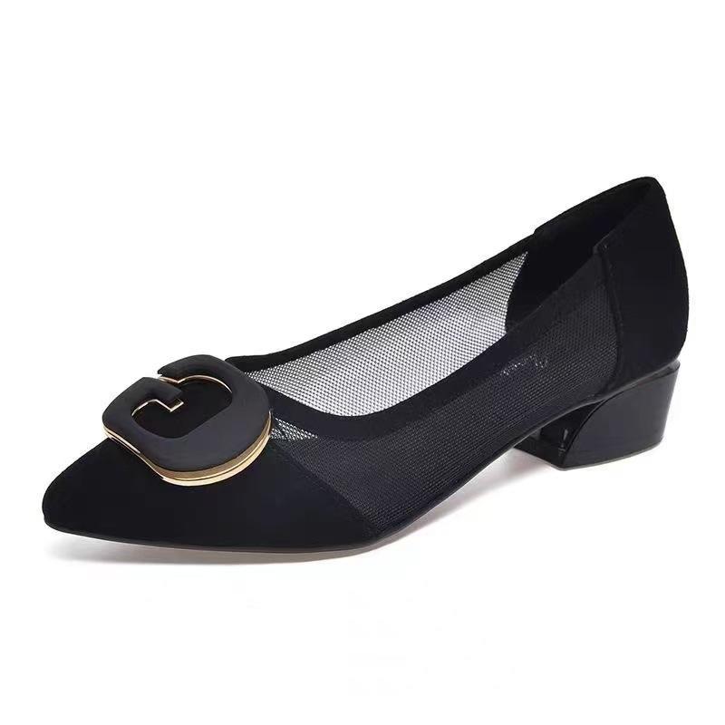 Сетчатые дышащие сандалии 2025 лето новая мягкая кожа острый носок неглубокий вырез туфли-лодочки универсальные полые для работы повседневные женские туфли