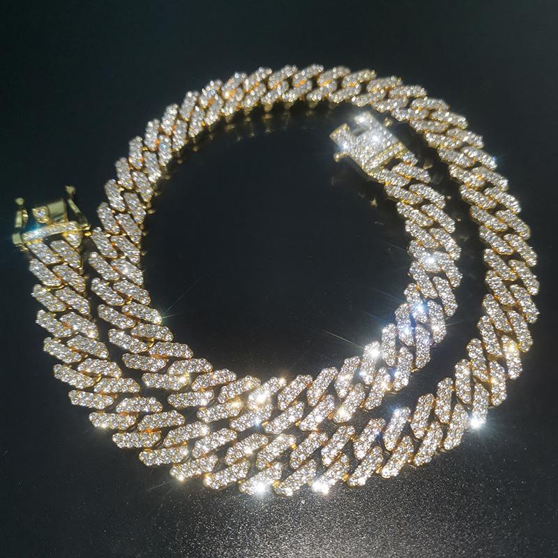 Hip Hop Jewelry 18k Gold 12MM Iced Out CZ Cuban Link Prong Chain Necklace