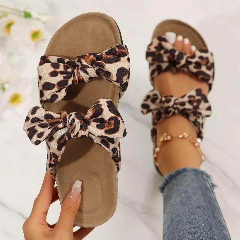 Fashion 2024 Hot Sale Shoes for Women Open Toe Women's Slippers Summer Rome Bow Tie Leopard Print Outdoor Casual Beach Flat Slippers