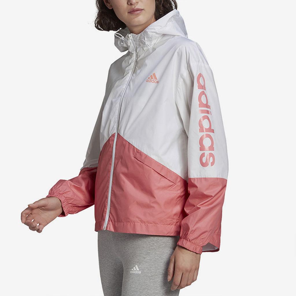 adidas Спортивная тканая куртка с капюшоном с логотипом, женские куртки, белые, розовые, GM5623