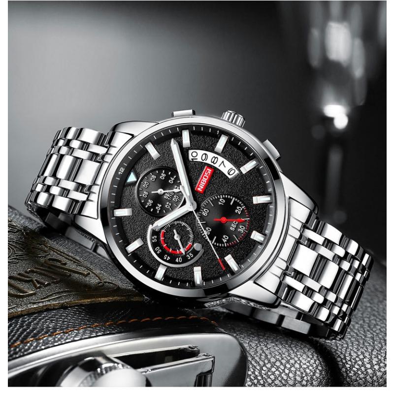 NIBOSI Watch Мужские водонепроницаемые светящиеся многофункциональные кварцевые часы из нержавеющей стали Студенческие часы