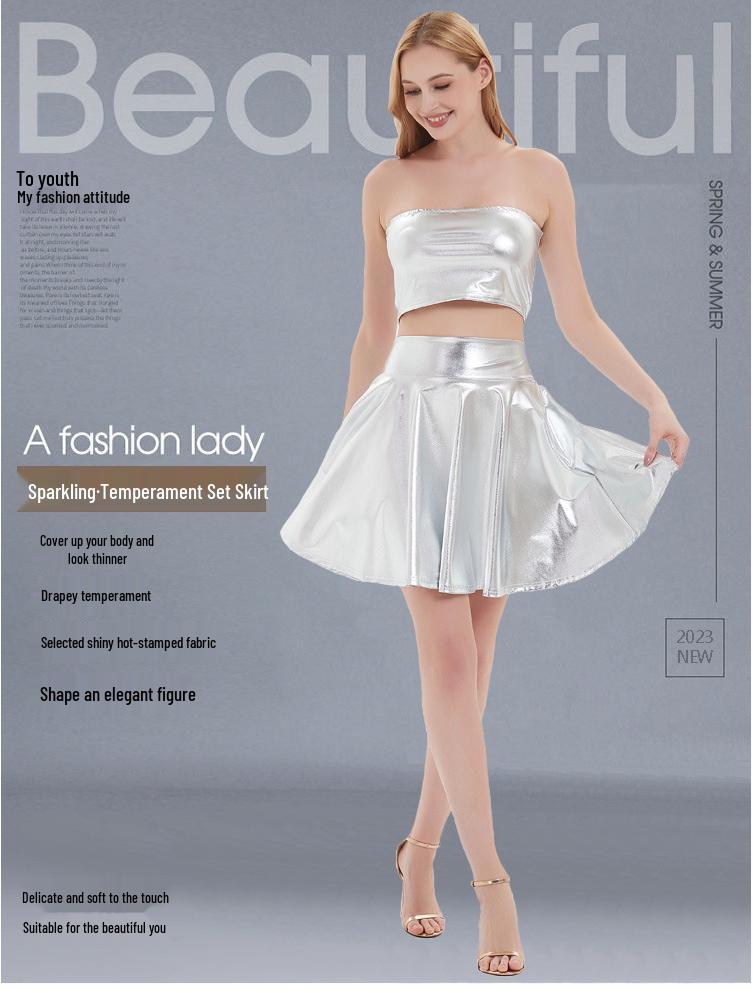 Женская металлическая плиссированная юбка для клубных выступлений