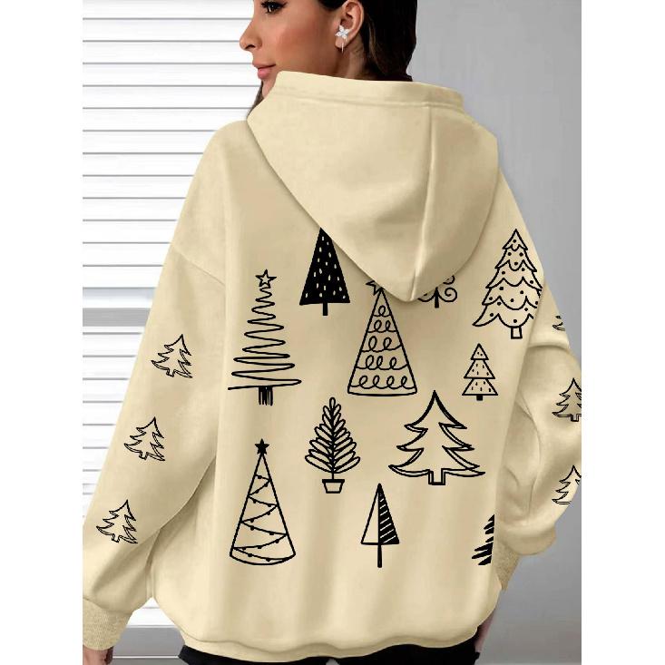 Christmas New Women's Hooded Top, Christmas Tree Print, Minimalist Casual Style, Festive Vibe