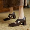 New Casual Small Leather Shoes Women's Middle Heel Fashion Single Shoes Square Head Beef Tendon Sole Large Size Shoes Comfortable Square Heel Leather
