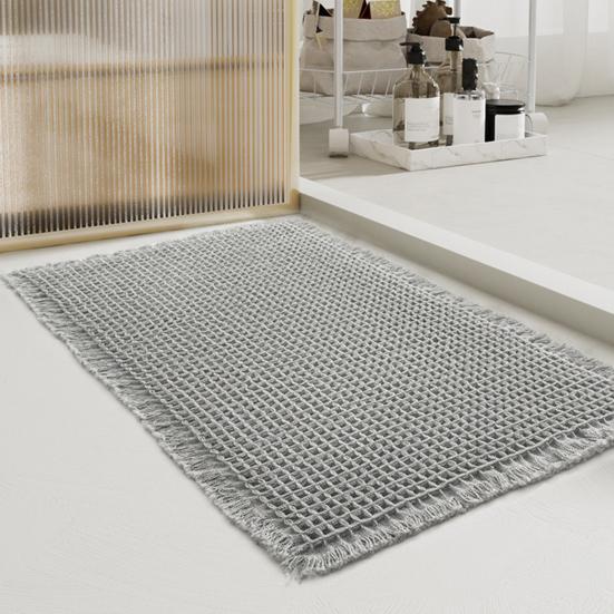 Коврик для ванной из пены с эффектом памяти, вафельная текстура, отделка кисточками, высокоабсорбирующий, быстросохнущий пол