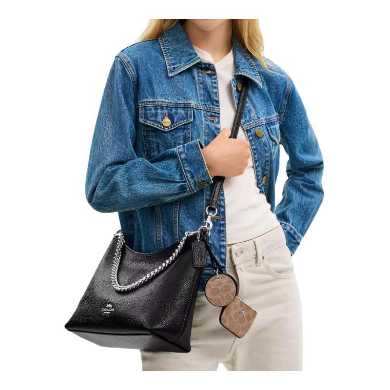 COACH Laurel 31 Mirror Pendant Removable Handle Pebbled Leather Shoulder Bag Large Women's Black