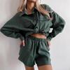 Womens Loose Long Sleeve Button-Up Shirt Elastic Waist Pocket Shorts Set Casual Streetwear Outfit