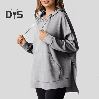 Осень-весна Женская толстовка с капюшоном, большим карманом, завязками на шнурке, свободным разрезом, однотонная вафельная текстура, свободный трикотажный спортивный топ