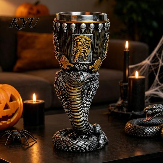 Retro Resin Drinking Chalice Horrible Stainless Steel Skull Goblet, Skeletal Wine Gothic Goblet Cocktail Glasses, Vintage Whiskey Cup for Halloween