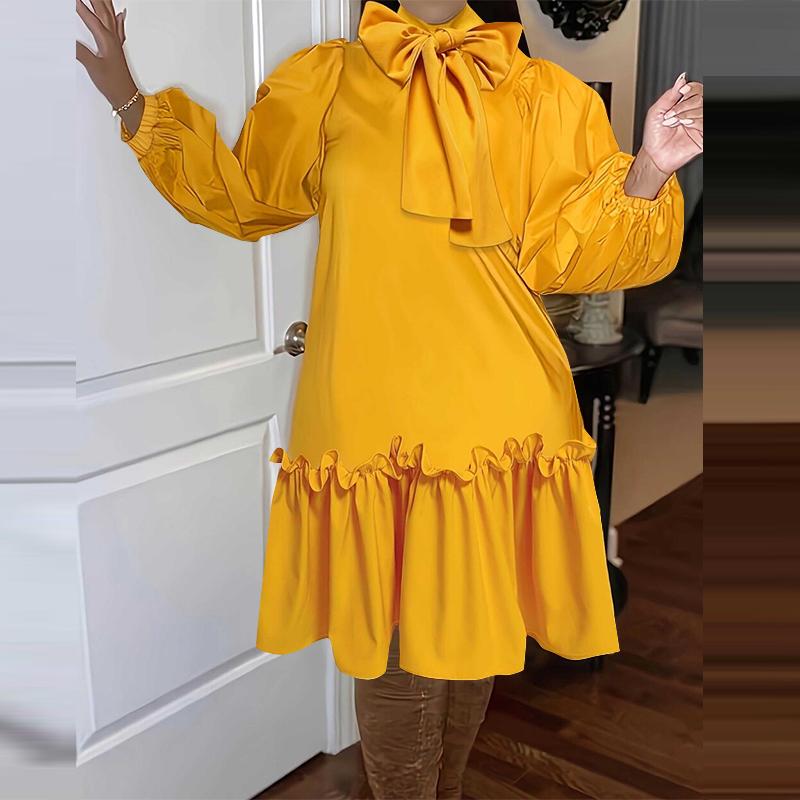 VONDA Женские платья больших размеров с воротником-стойкой и завязками, однотонные, с длинным рукавом