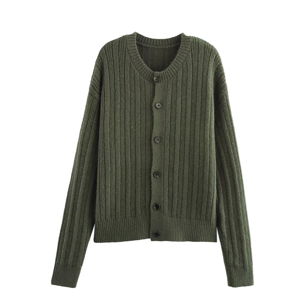 Весна 2025 Женский облегающий вязаный кардиган с круглым вырезом и длинными рукавами