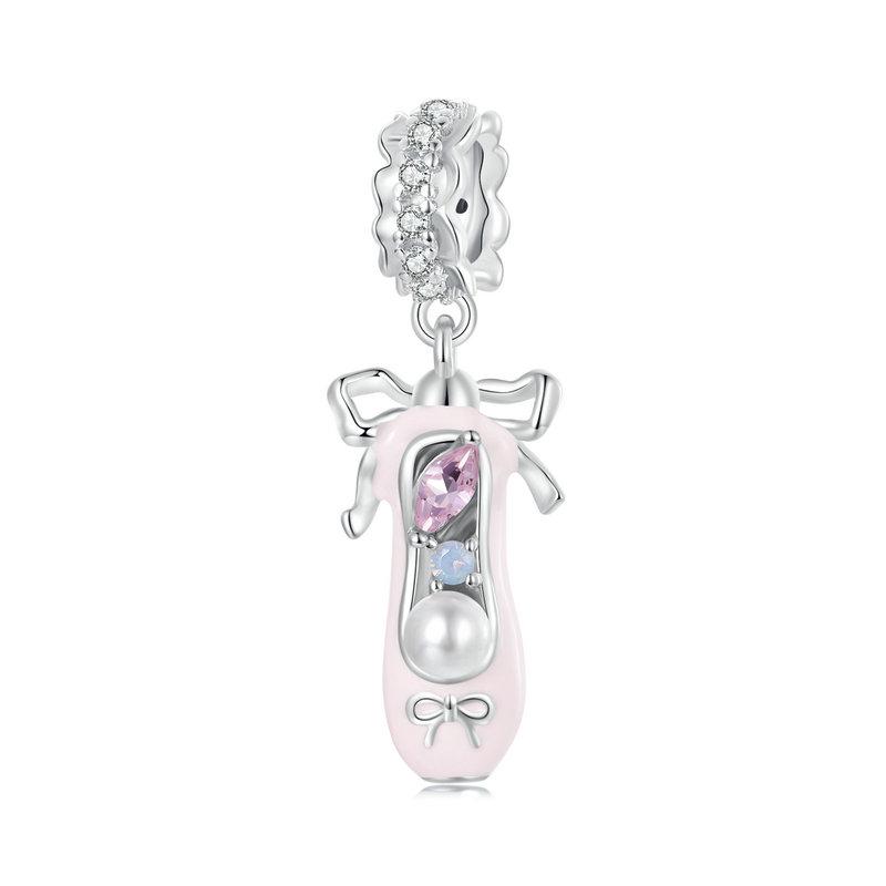 WOSTU 925 Silver Princess Pink Bear Bead Ballet Girl Charm Shoe Bow Pendant Saftey Chain Fit Bracelet Neckalce DIY Gift