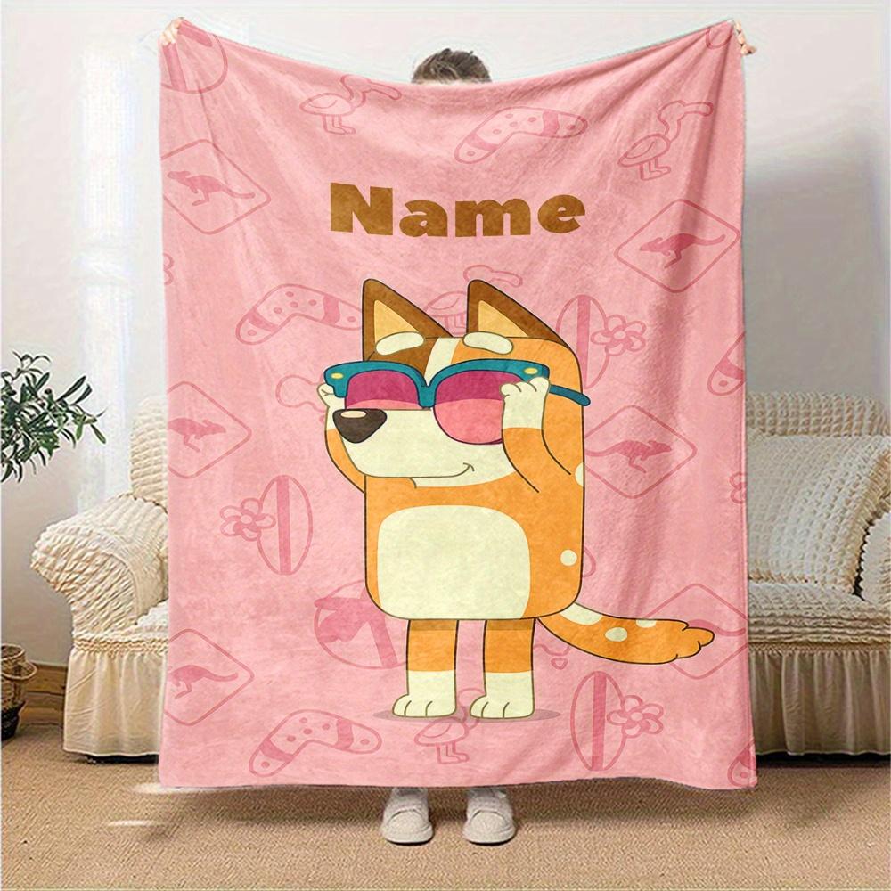 Bluey Cute Cartoon Dog Wearing Sunglasses Blanket With Customizable Name Comfortable In All Seasons Suitable For Sofas Beds Travel Camping And Office