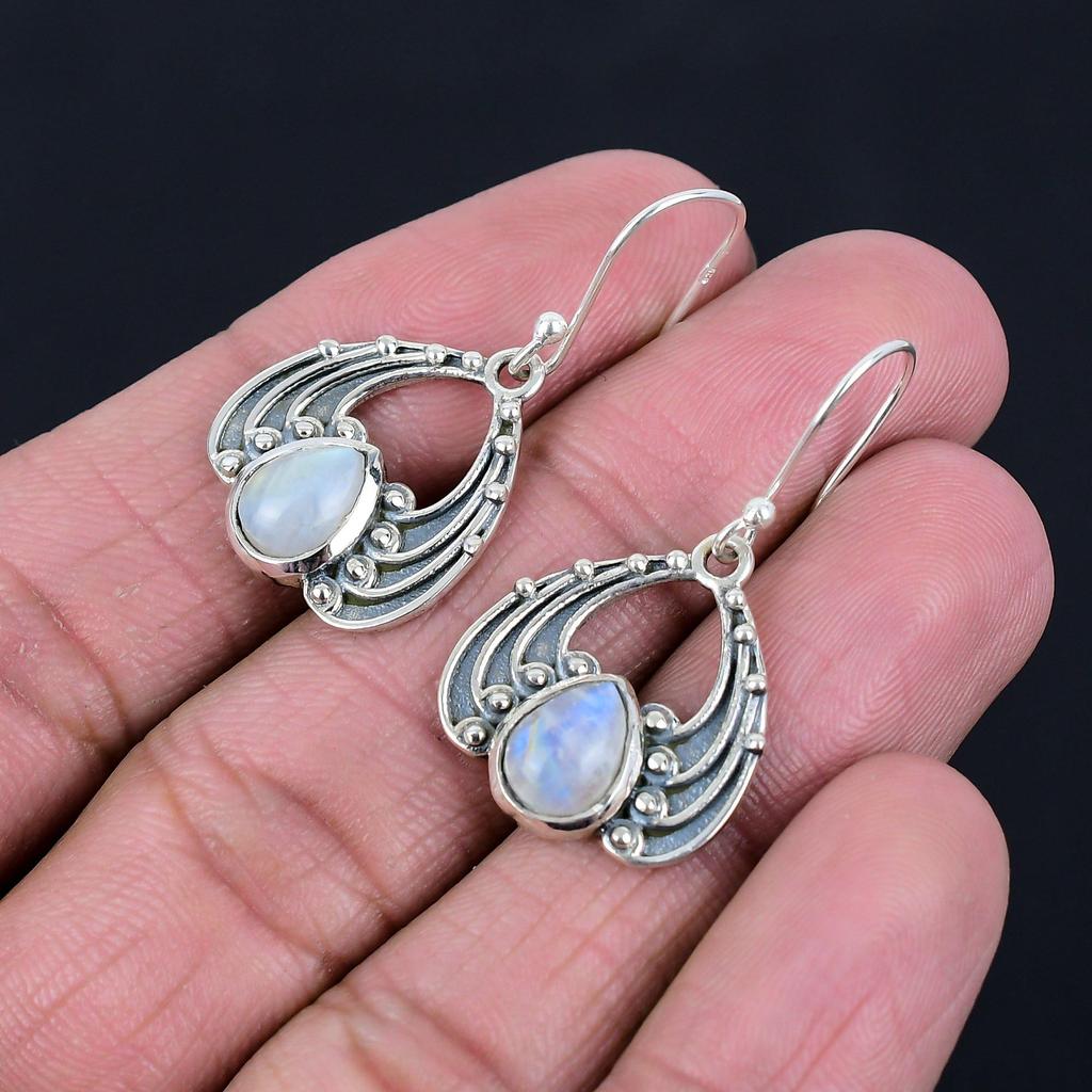 Серьги из натурального радужного лунного камня с драгоценными камнями, твердые серьги из стерлингового серебра 925 пробы, серьги ручной работы, ювелирные изделия, подарок для женщин и девочек, E-1160