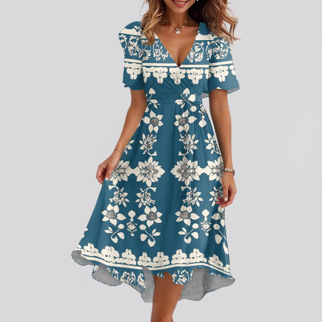 Women's Loose Casual V-Neck Flared Skirt Short Sleeved Printed Dress Printed Dress