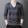Middle Aged Men Thickened V Neck Plaid Casual Versatile Knitted Sweater Warm Base Layer Autumn Winter New Style Top