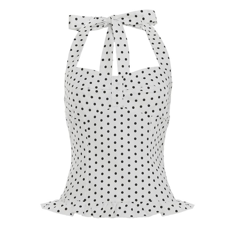 Sleeveless Lace-up Dots Camisole Deep V Neck Hanging Neck Top Halter Ruffle Vest  Summer
