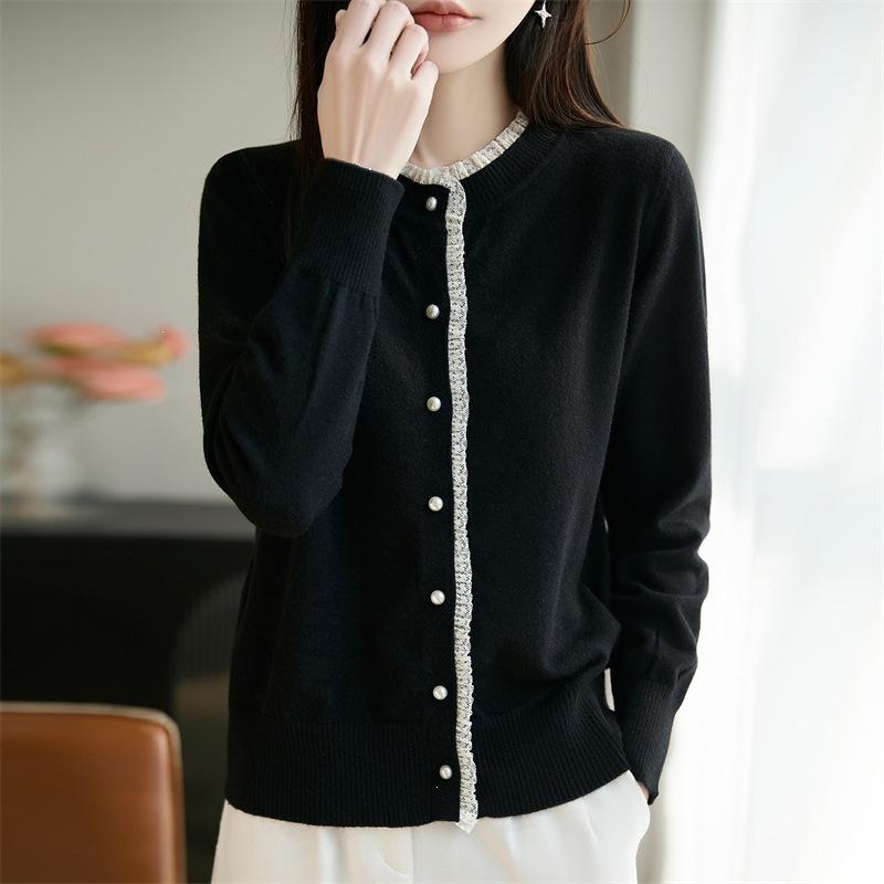 Women S Lace Round Neck Knit Cardigan Loose Color Block Top