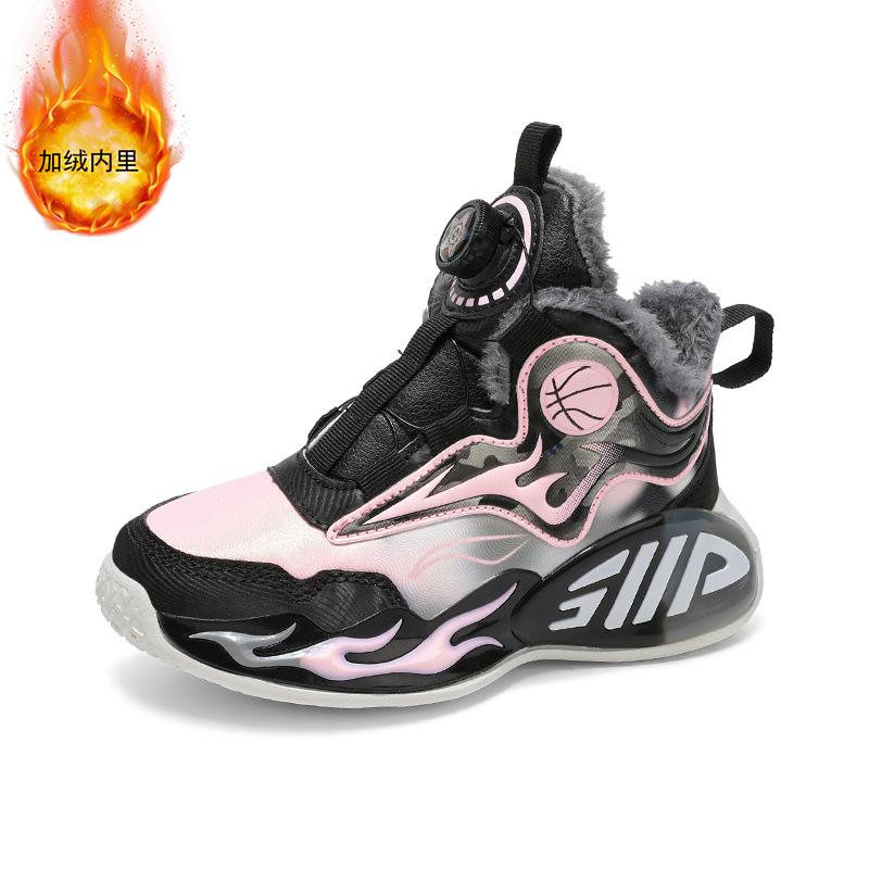 Фабричные зимние детские хлопковые ботинки модные универсальные спортивные ботинки теплые уличные нескользящие бархатные кожаные баскетбольные кроссовки
