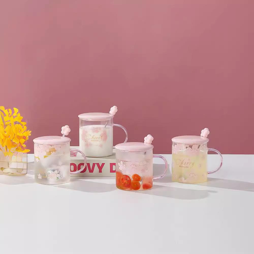 Летние стеклянные чашки с японской вишней для девочек, высокий уровень внешнего вида, бытовые чашки для воды, термостойкие, большой емкости, чашки для молока