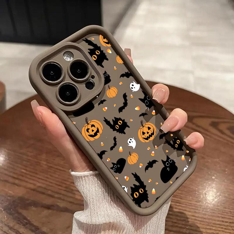 Чехол для телефона из силикона Soft TPU с рисунком кошки, тыквы и летучей мыши на Хэллоуин для iPhone 16 Pro Max 15 Plus 14 13 12 11 17 Air 16E Ударопрочный чехол