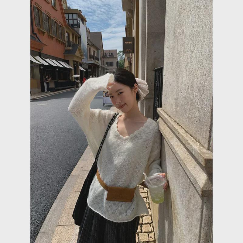 NEWOPEN 2024 Зимний женский свободный свитер-пуловер с V-образным вырезом в корейском стиле для поездок на работу, F2335