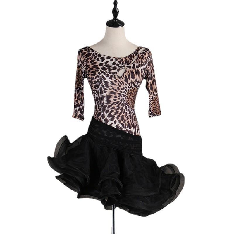 Womens Latin Dance Dress With Cut-Out Round Neck Rumba Cha Samba Costume Stage Performance