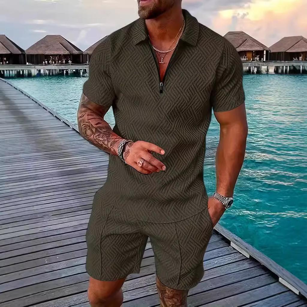 Мужской повседневный костюм с тропическим принтом - черная рубашка с коротким рукавом на молнии и белые шорты с карманами, полиэстер, машинная стирка