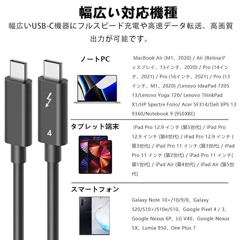 USB-C & Thunderbolt 4 100W Cable 3m LpoieJun[USB-IF certification/40Gbps High-speed Transfer/ 100W Fast charging/8K@60Hz Video output/PD 5A