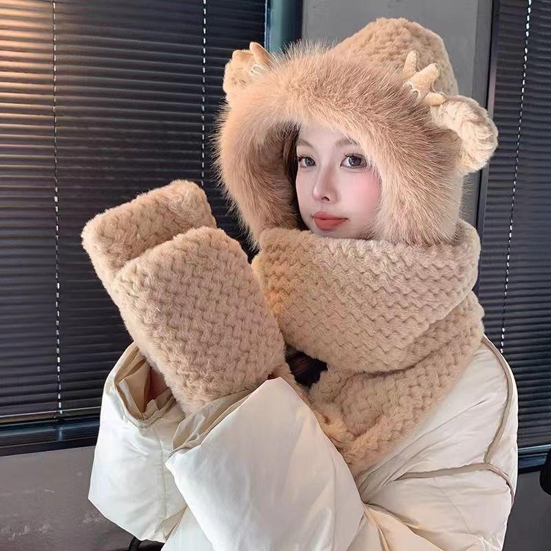 Зимняя милая шапка Dragon Ball для женщин, утолщенные перчатки, шарф, интегрированный шарф, капюшон, плюшевый, универсальный, теплый набор из трех предметов