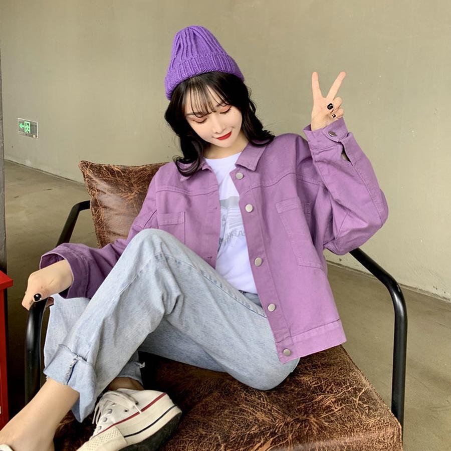 Новая женская короткая джинсовая куртка фиолетового цвета, свободного кроя, винтажная, ретро, повседневная, модная
