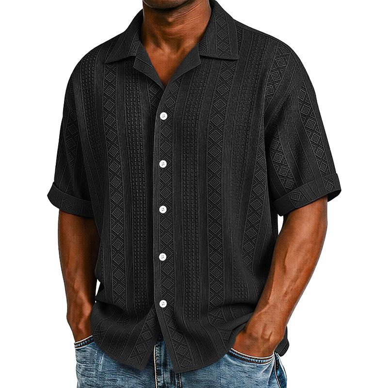 Men Cuban Collar Geometric Jacquard Full Button Short Sleeve Casual Shirt