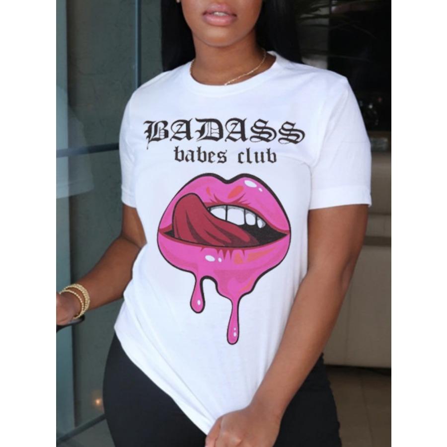 Красочные губы девушка напечатаны простые модные свободные круглый вырез чистый хлопок футболки женские