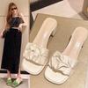 Large Solid Color Open-toe Sandals Women  Summer New One-line Strip Fashion Temperament  Comfortable Mid Heeled Slippers