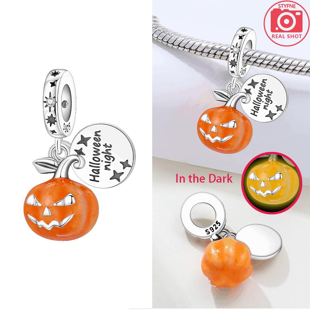 Original Charms Copper Luminous Halloween Pumpkin Car Pendant Red Epoxy Skull Apple Bead Fit Bracelet Women Jewelry Diy Gift
