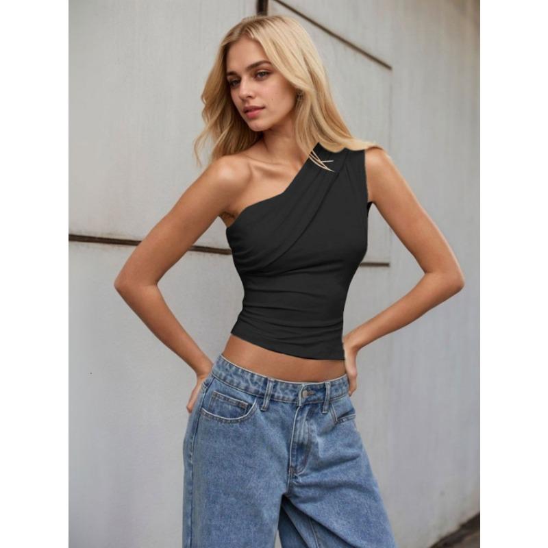 2026 Горячая распродажа Горячая распродажа Женская сексуальная одноплечевая футболка Весна и лето Новый косой вырез С открытыми плечами Чистый топ-жажда