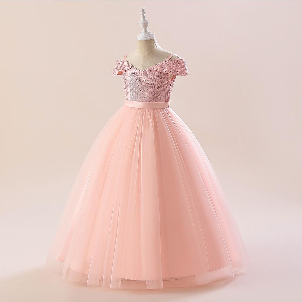 Fluffy Sequins Princess Girls Dress Bridemaids Bow Tulle Wedding Kids Party Dresses for Girl Off Shoulder Pageant Birthday Gown