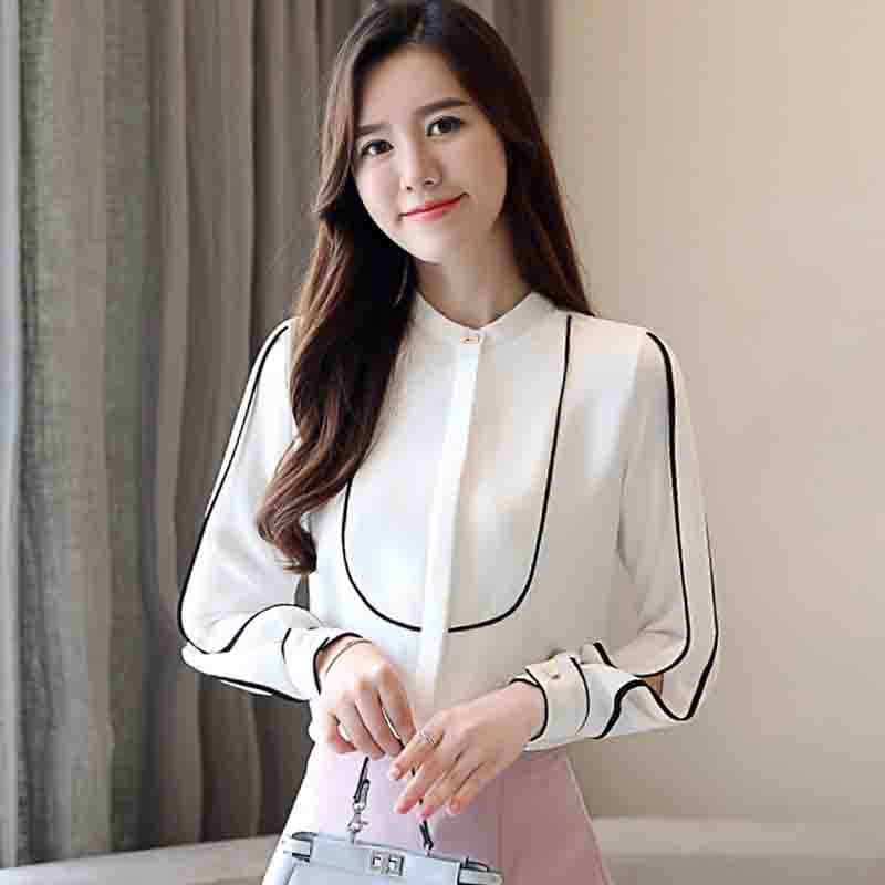 Мода 2024 осень длинный рукав воротник стойка офисная женская белая блузка рубашка женские топы блузки рубашки J666